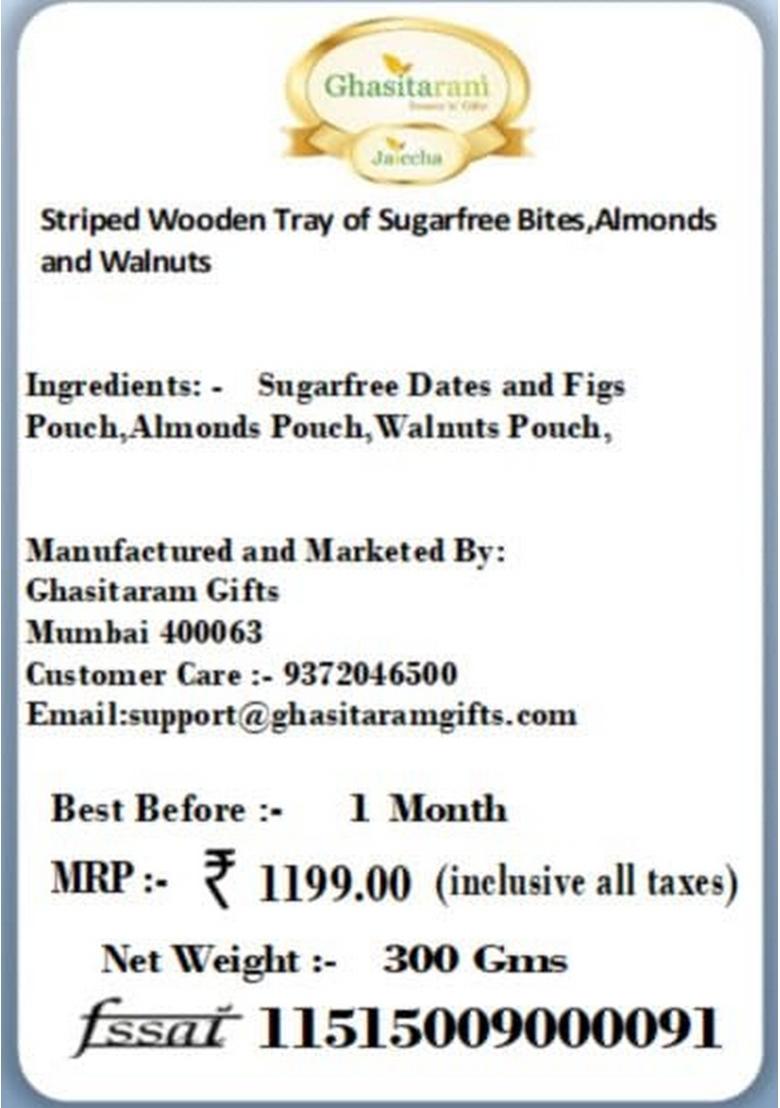 Ghasitaram Diwali Gifts Striped Wooden Tray of Sugarfree Bites,Almonds and Walnuts|Sugar Free Sweets|Diabetic Friendly|Diwali Sugar Sweets Box