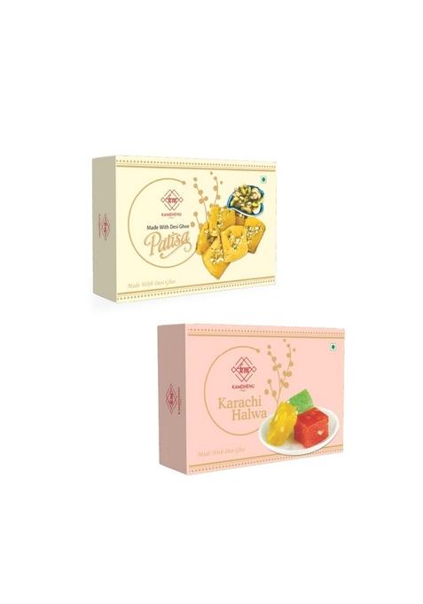 Kamdhenu Mishti Combo of Patisa 400g & Karachi Halwa | Premium Gift Pack Indian Sweets Box Made with Best Ingredients Pure Desi Ghee No Preservatives or Additives