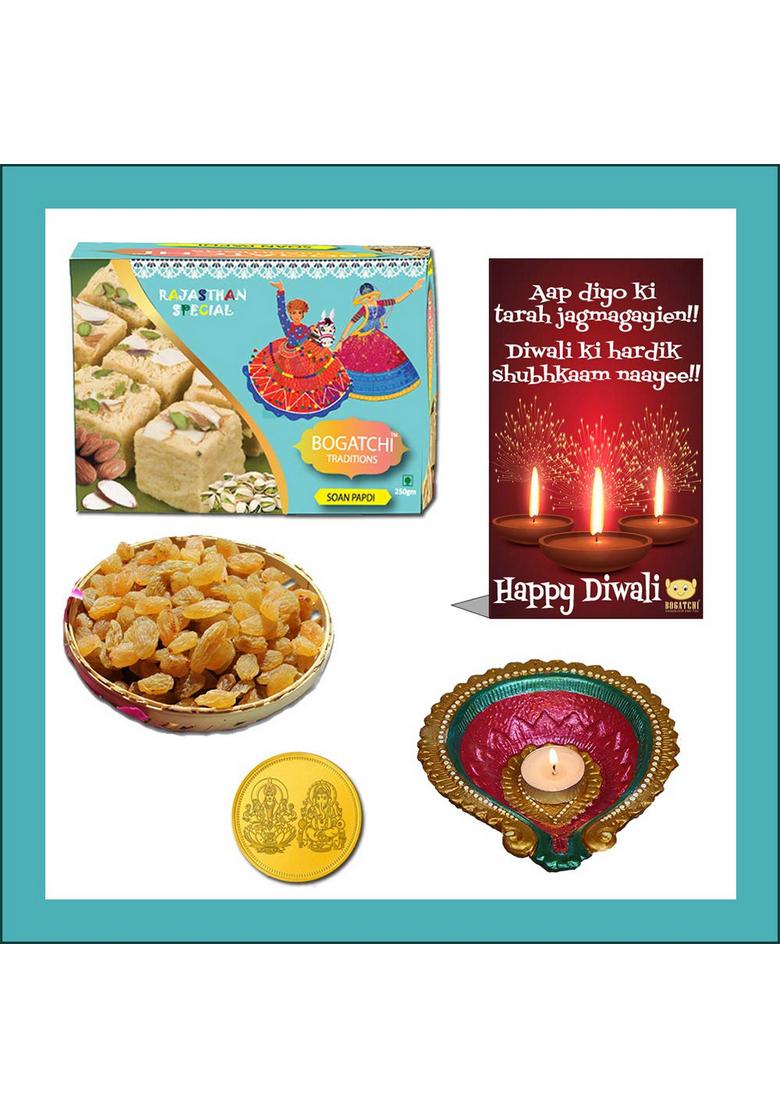 BOGATCHI Diwali Sweets Gift Box, Soan Papdi and Dry Fruits, 350g , Free Designer Diya, Gold Plated Coin, Greeting Card