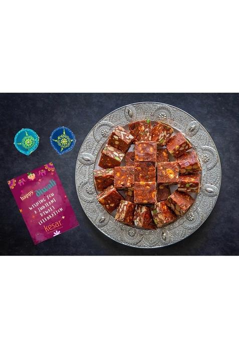 Dessert Drama Diwali Special Healthy and Delicious Sugarfree Dry Fruits & Nuts Barfi (400 Gram) Sweet Box with 2 Diya Traditional Indian Mithai