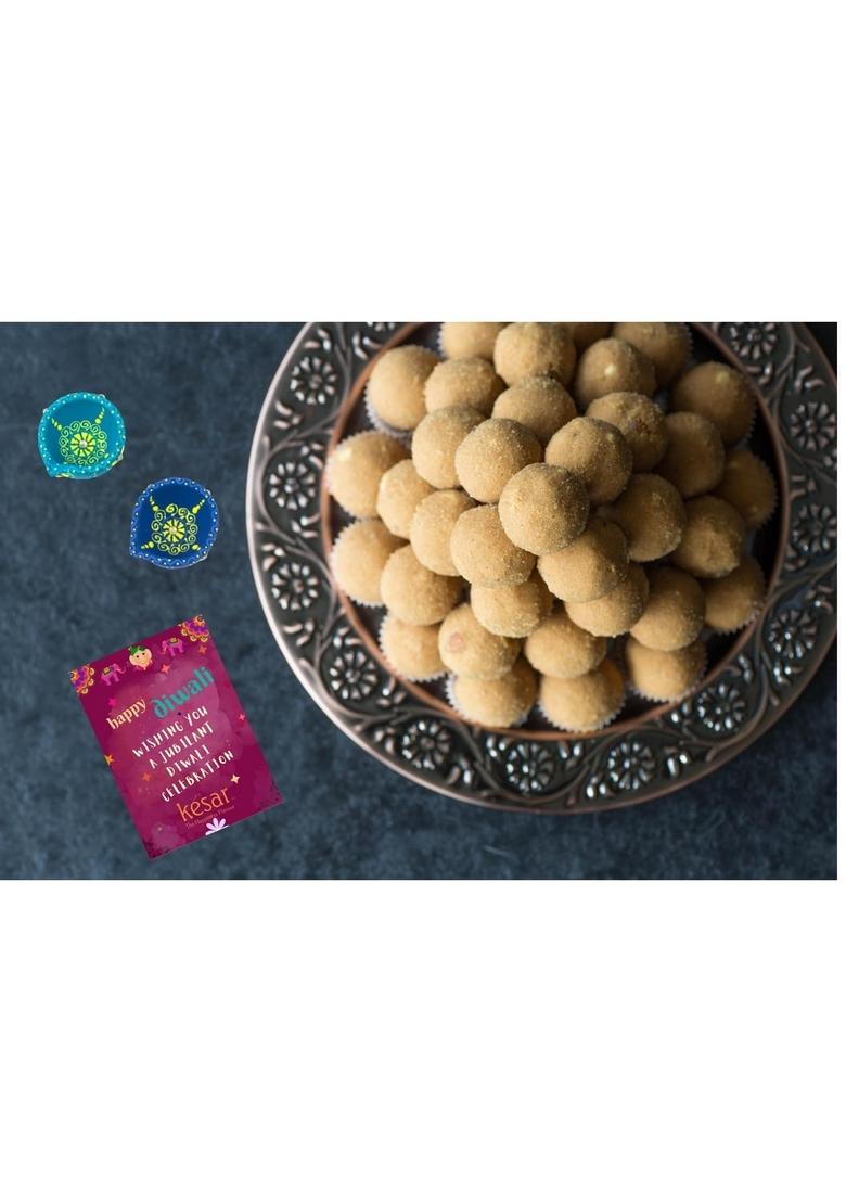 Dessert Drama Diwali Special Healthy and Delicious Desi Ghee Besan Laddoo (400 Gram) Sweet Box with 2 Diya Traditional Indian Mithai