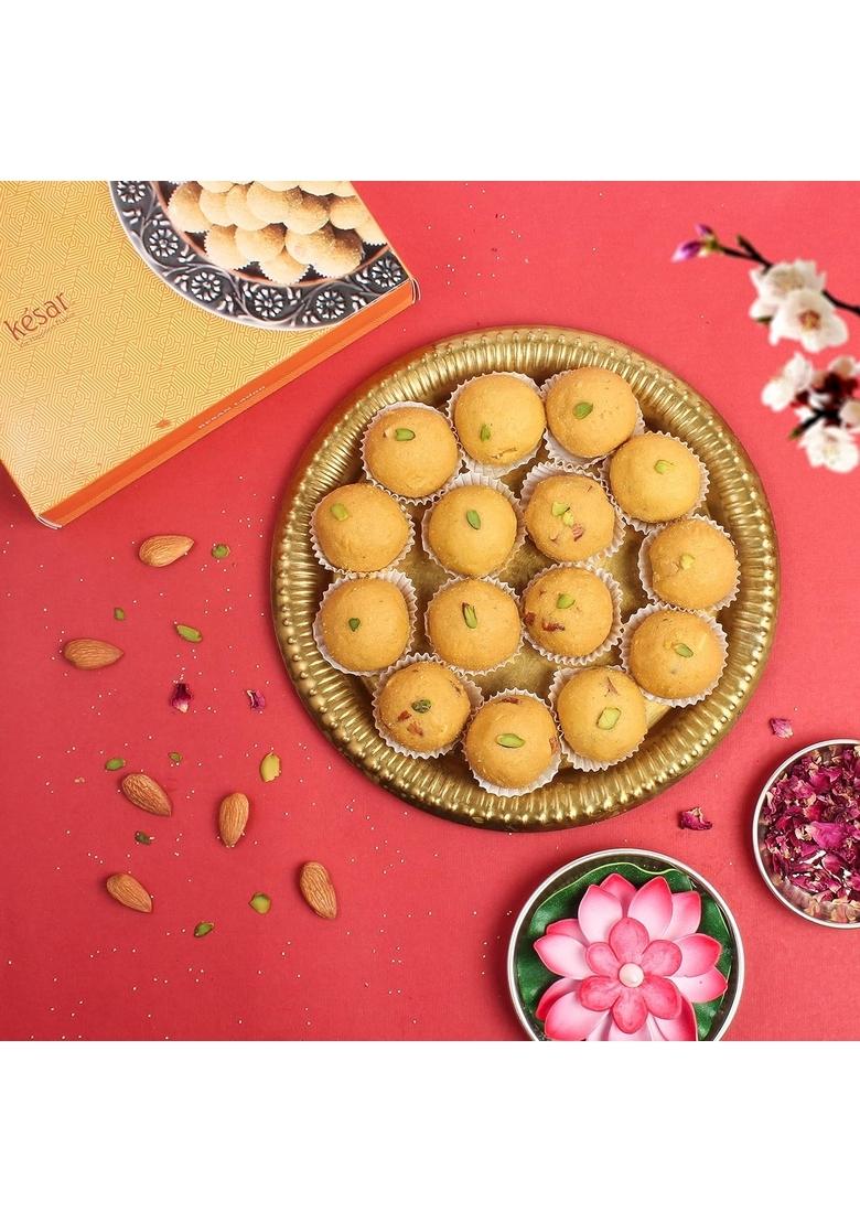 Dessert Drama Diwali Special Healthy and Delicious Desi Ghee Besan Laddoo (400 Gram) Sweet Box with 2 Diya Traditional Indian Mithai