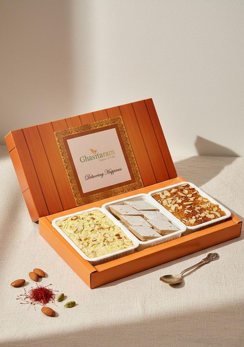 Ghasitaram Gifts Kaju Katli, Milk Cake and Soan Papdi|Sweets|Sweets Gift Pack|Diwali Sweets|Indian Mithai|Diwali Sweets Box|Sweets Box