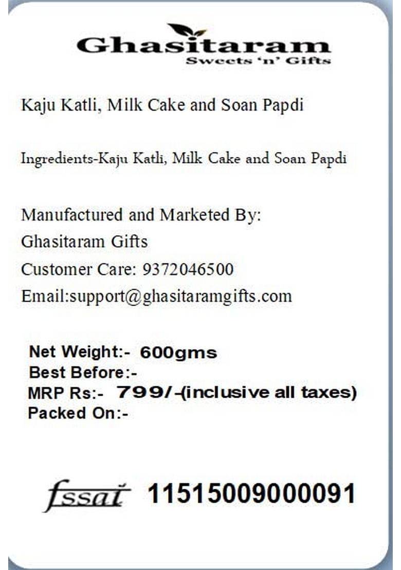 Ghasitaram Gifts Kaju Katli, Milk Cake and Soan Papdi|Sweets|Sweets Gift Pack|Diwali Sweets|Indian Mithai|Diwali Sweets Box|Sweets Box
