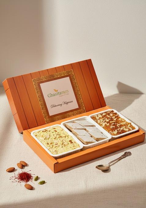 Ghasitaram Gifts Kaju Katli, Milk Cake and Soan Papdi|Sweets|Sweets Gift Pack|Diwali Sweets|Indian Mithai|Diwali Sweets Box|Sweets Box