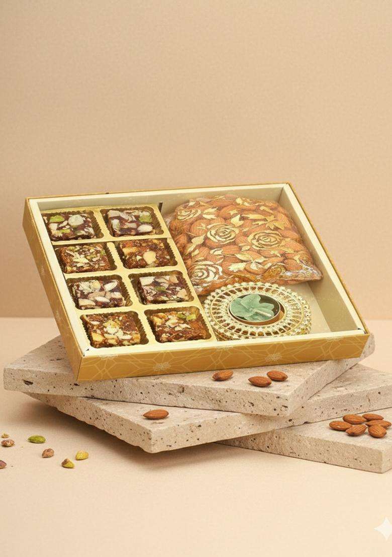 Ghasitaram Gifts 8 pcs Assorted Sugarfree Bites, 2 t-Lites and Almond Pouch SQ Box|Sugar Free Sweets|Diabetic Friendly|Diwali Sugar Sweets Box - Indya