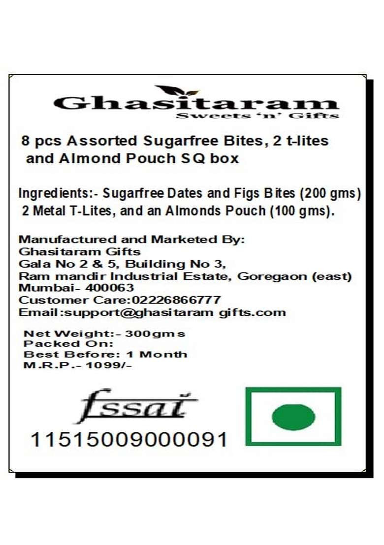 Ghasitaram Gifts 8 pcs Assorted Sugarfree Bites, 2 t-Lites and Almond Pouch SQ Box|Sugar Free Sweets|Diabetic Friendly|Diwali Sugar Sweets Box - Indya