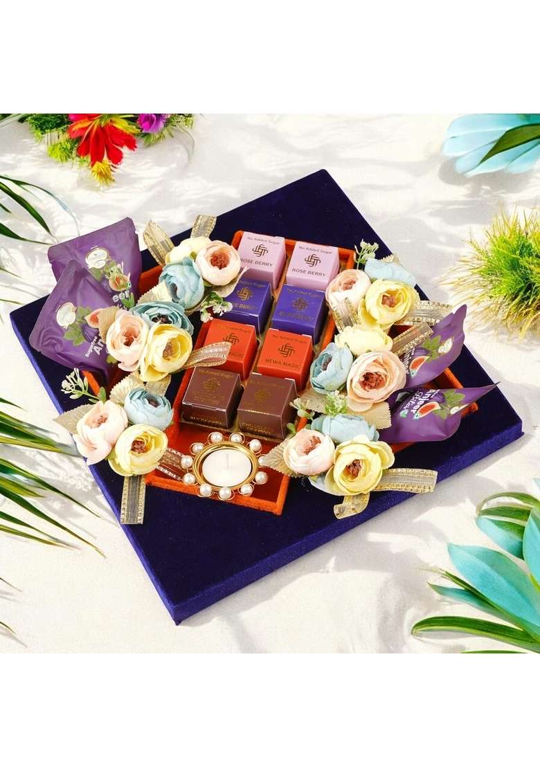 Ghasitaram Gifts Blue velvet tray with Sugarfree Mewa bites|Sugar Free Sweets|Diabetic Friendly|Diwali Sugar Sweets Box Hamper - Indya