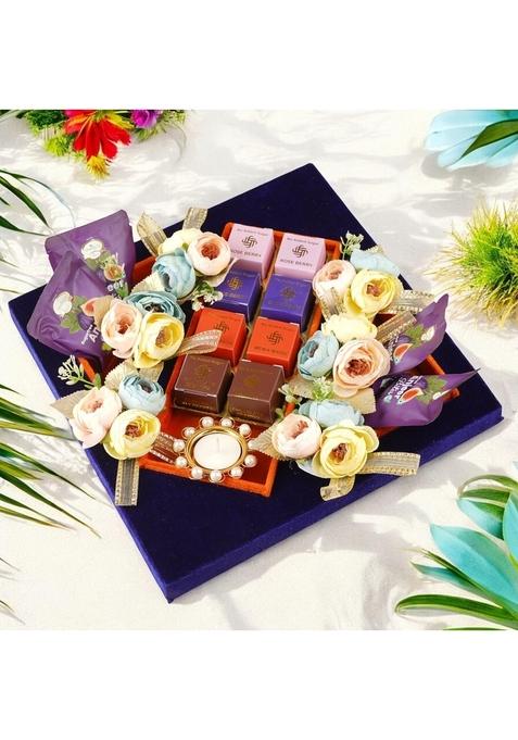 Ghasitaram Gifts Blue velvet tray with Sugarfree Mewa bites|Sugar Free Sweets|Diabetic Friendly|Diwali Sugar Sweets Box Hamper