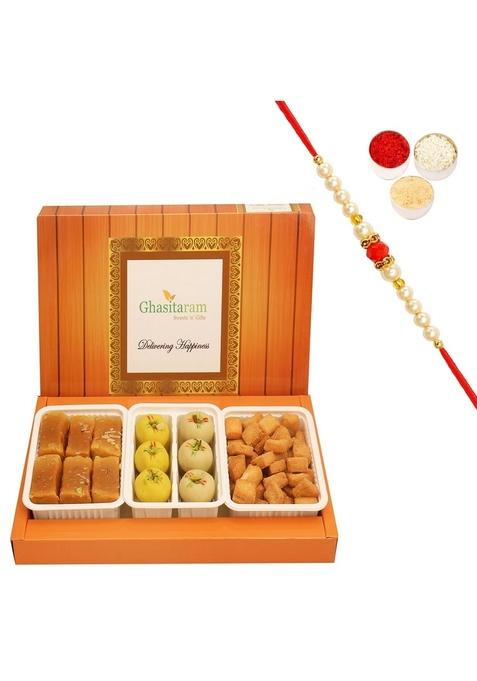 Ghasitaram Gifts Rakhi Gifts/ Sweets - Assorted Box of Mawa Peda, Soft Mysore Pak and Shakar Pada with Pearl Beads
