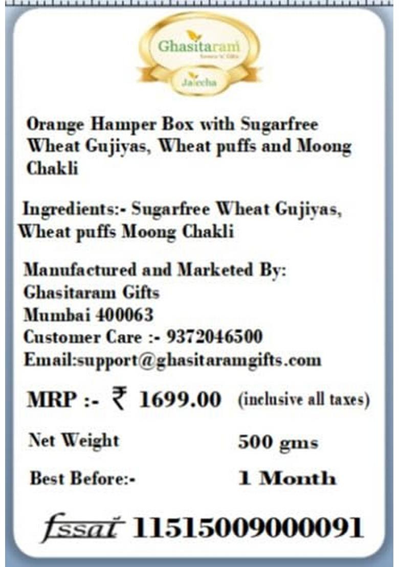 Ghasitaram Gifts Holi Sweets/Holi Hampers/Thandai Orange Hamper Box with Sugarfree Wheat Gujiyas, Puffs and Moong Chakli|Gift Hamper|Diwali Gift Hamper|Food Gourmet Hampers|