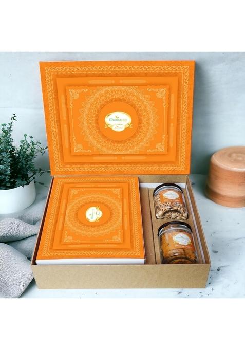 Ghasitaram Gifts Holi Sweets/Holi Hampers/Thandai Orange Hamper Box with Sugarfree Wheat Gujiyas, Puffs and Moong Chakli|Gift Hamper|Diwali Gift Hamper|Food Gourmet Hampers|