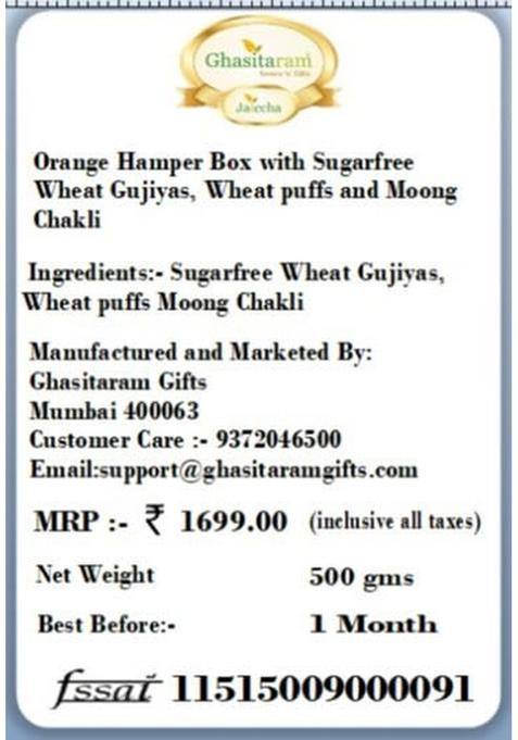 Ghasitaram Gifts Holi Sweets/Holi Hampers/Thandai Orange Hamper Box with Sugarfree Wheat Gujiyas, Puffs and Moong Chakli|Gift Hamper|Diwali Gift Hamper|Food Gourmet Hampers|