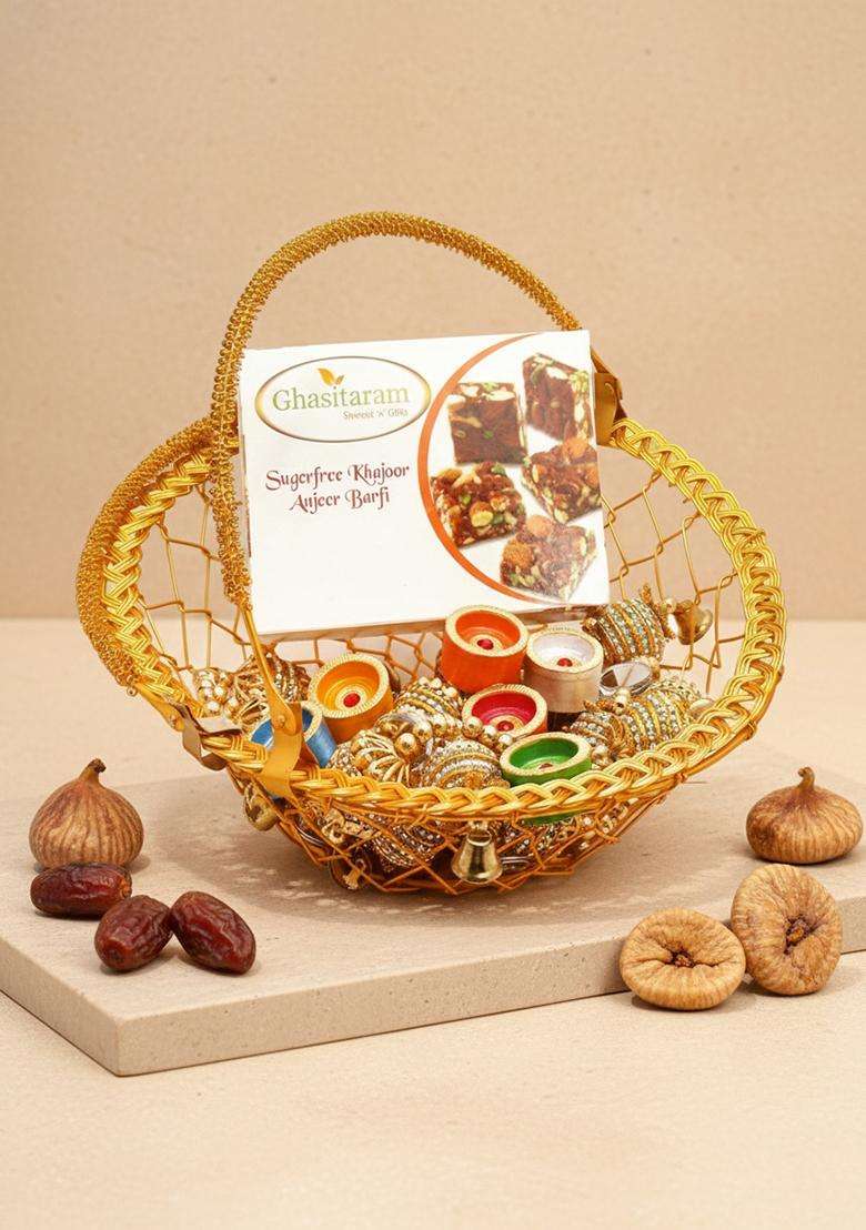 Ghasitaram Gifts Diwali - Hampers Golden Metal Basket with Sugarfree Mix, Toran and Diyas|Sugar Free Sweets|Diabetic Friendly|Diwali Sugar Sweets Box - Indya