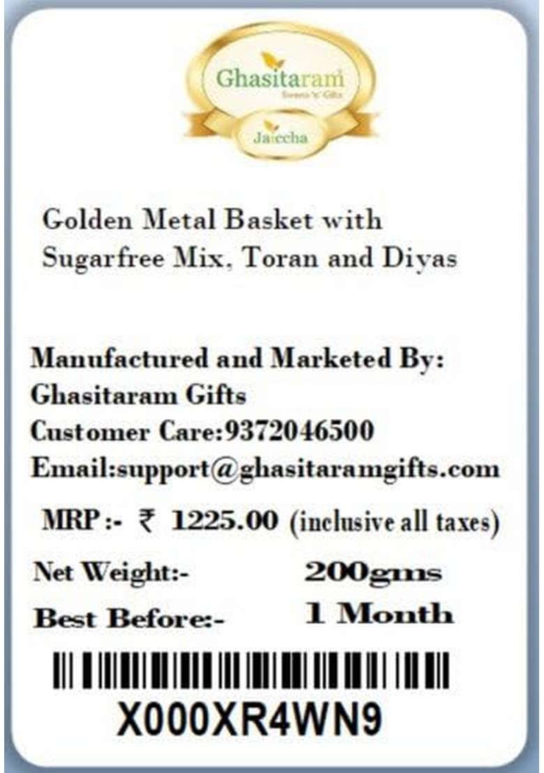 Ghasitaram Gifts Diwali - Hampers Golden Metal Basket with Sugarfree Mix, Toran and Diyas|Sugar Free Sweets|Diabetic Friendly|Diwali Sugar Sweets Box - Indya