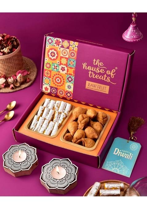 HYPERFOODS Diwali Sweets Box Gift Hamper Gifts For Employees Items Family Kesar Roll Samosa Candles