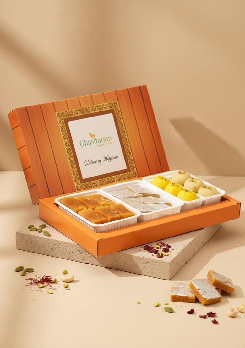 Ghasitaram Gifts Assorted Box of Kaju Katli, Mawa Peda and Mysore Pak|Sweets|Sweets Gift Pack|Diwali Sweets|Indian Mithai|Diwali Sweets