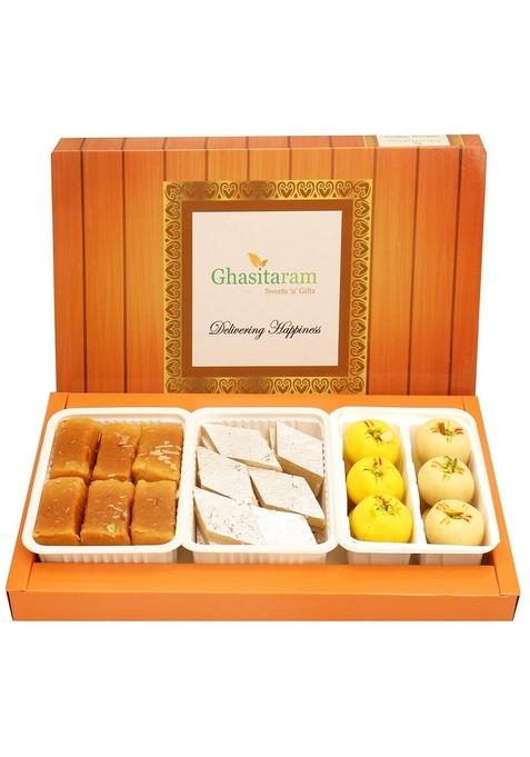 Ghasitaram Gifts Assorted Box of Kaju Katli, Mawa Peda and Mysore Pak|Sweets|Sweets Gift Pack|Diwali Sweets|Indian Mithai|Diwali Sweets