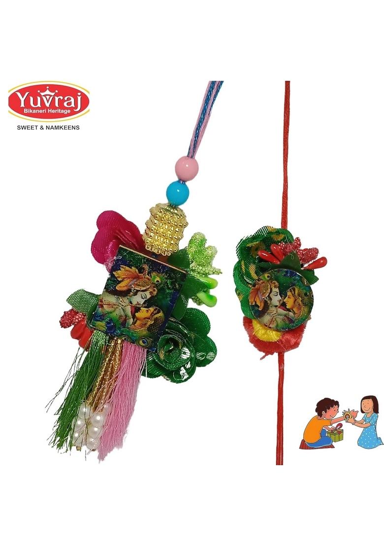 Yuvraj Couple Rakhi Designer (Radha or kishna) set with sweets 200 gm soan papadi Gift box