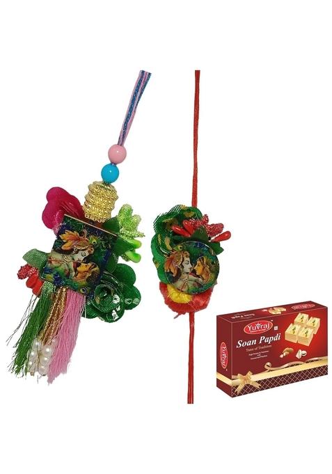 Yuvraj Couple Rakhi Designer (Radha or kishna) set with sweets 200 gm soan papadi Gift box
