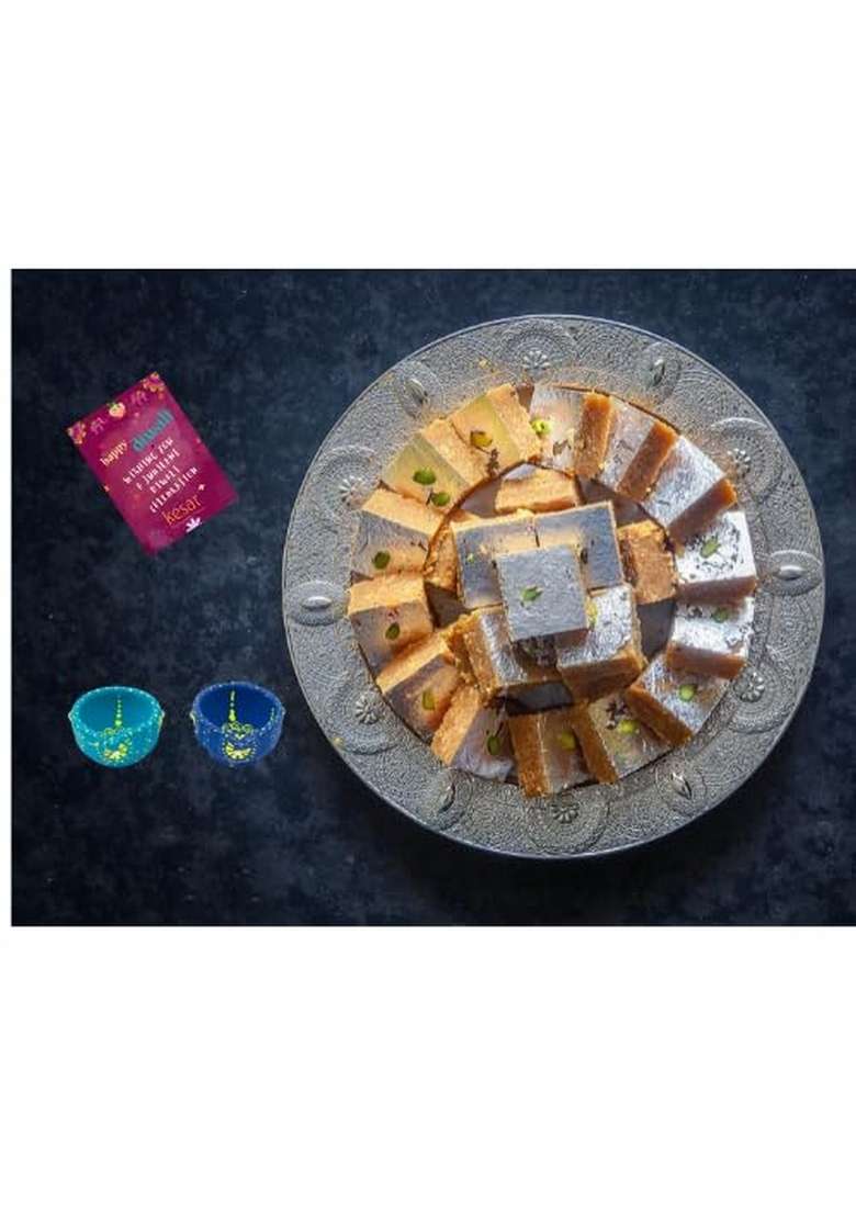 Dessert Drama Diwali Special Healthy and Delicious Desi Ghee Moong Thal/Moong Dal Barfi (400 Gram) Sweet Box with 2 Diya Traditional Indian Mithai - Indya