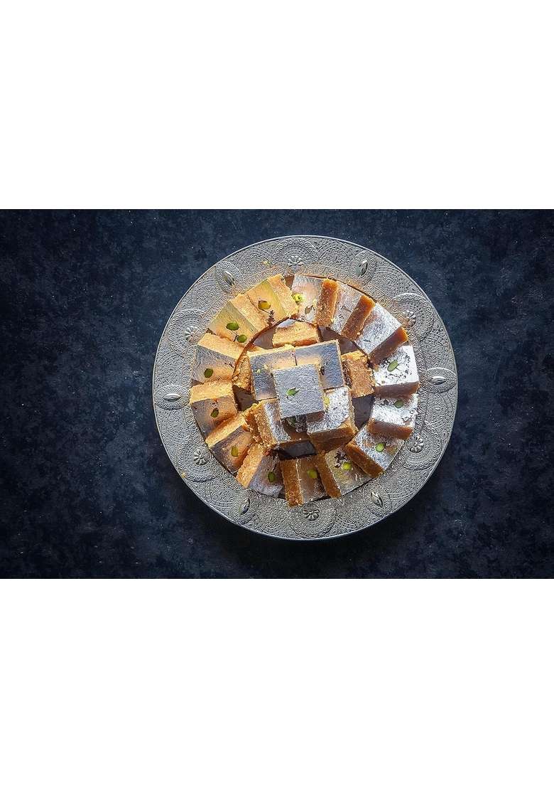 Dessert Drama Diwali Special Healthy and Delicious Desi Ghee Moong Thal/Moong Dal Barfi (400 Gram) Sweet Box with 2 Diya Traditional Indian Mithai - Indya