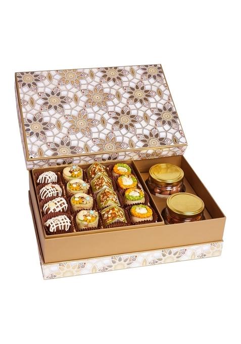 Ghasitaram Gifts Brown Printed Box of Dryfruit Sweets,Choco Almonds and Flavoured Raisins |Gift Hamper|Diwali Gift Hamper|Food Hampers|Gourmet Hampers|
