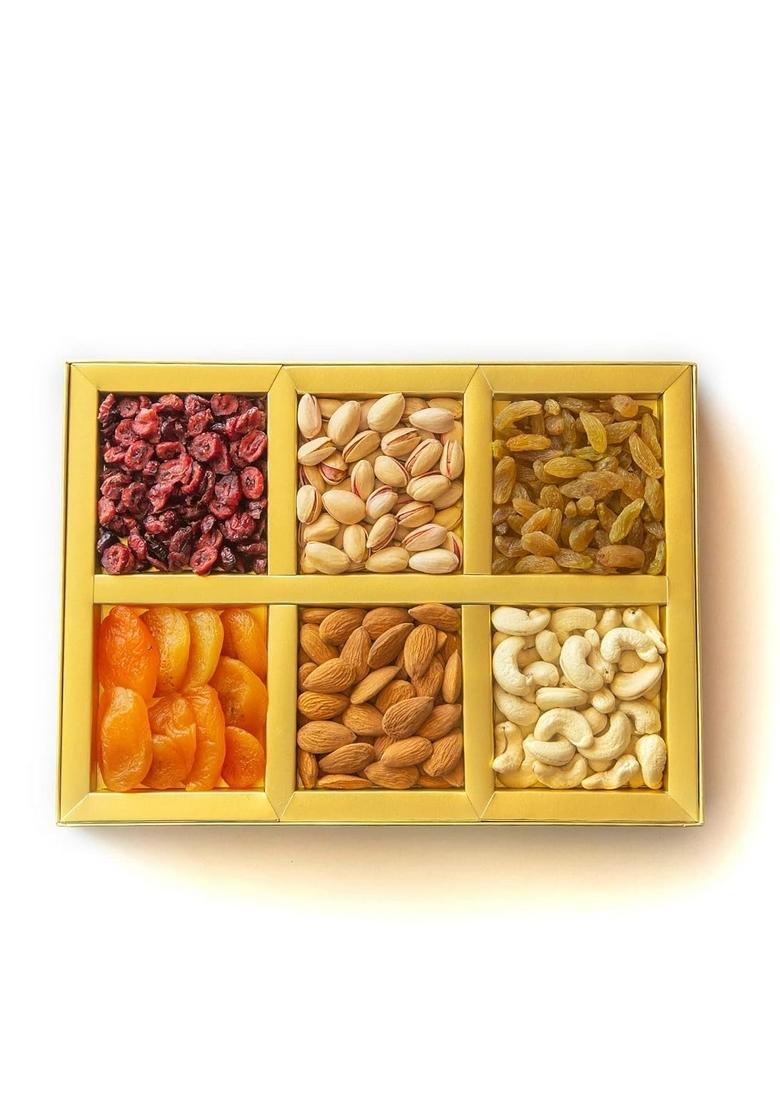 Dessert Drama By Kesar Sweets | Dry Fruits & Nuts Gifts Hamper Box with Kaju, Badaam, Pistachio, Kismish, Dried Cranberry, Apricot (50 g Each) Premium Corporate Dryfruits Gift Pack for Family Friends