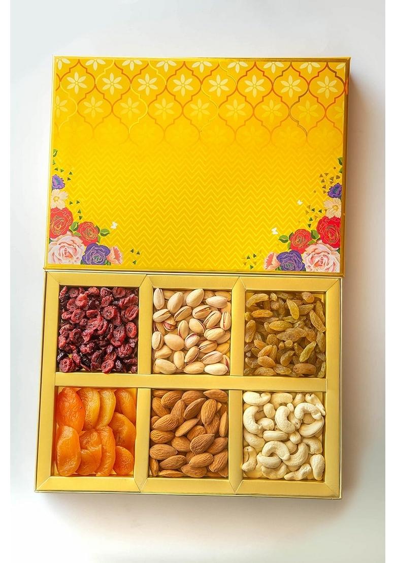 Dessert Drama By Kesar Sweets | Dry Fruits & Nuts Gifts Hamper Box with Kaju, Badaam, Pistachio, Kismish, Dried Cranberry, Apricot (50 g Each) Premium Corporate Dryfruits Gift Pack for Family Friends