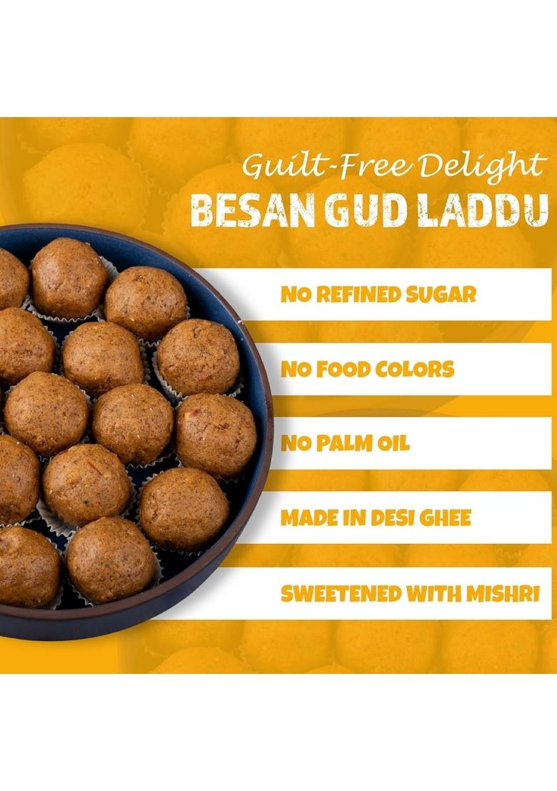 GUD MISHRI Besan Laddu | Handmade Mithai with Desi Ghee No Refined Sugar Guilt-Free Indian Sweet Traditional Festive Dessert Healthy Gift Box Palm Oil