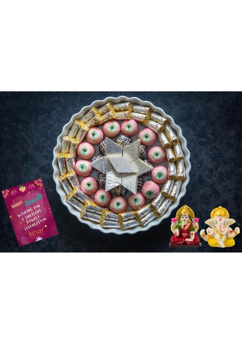 Dessert Drama Diwali Special Healthy and Delicious Kaju Katli, Chocolate Ice Ball, Apple, Kesar Roll (400 Gram) Sweet Box with Ganesh ji Laxmi murti