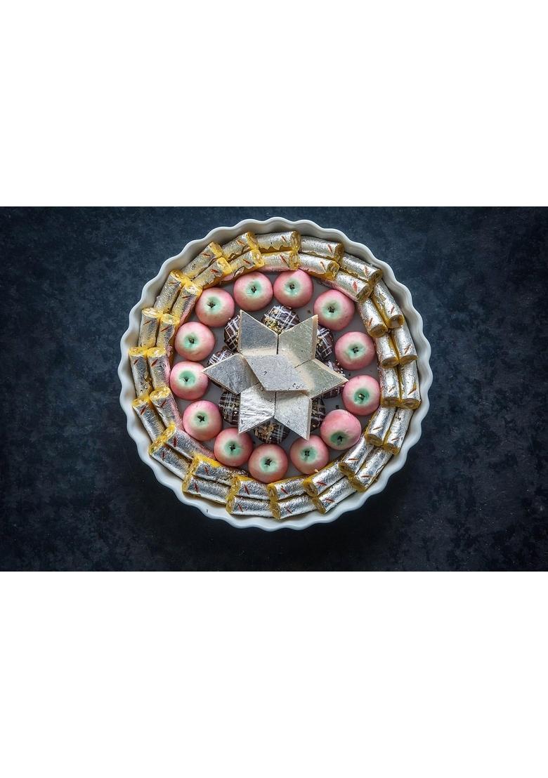 Dessert Drama Diwali Special Healthy and Delicious Kaju Katli, Chocolate Ice Ball, Apple, Kesar Roll (400 Gram) Sweet Box with Ganesh ji Laxmi murti