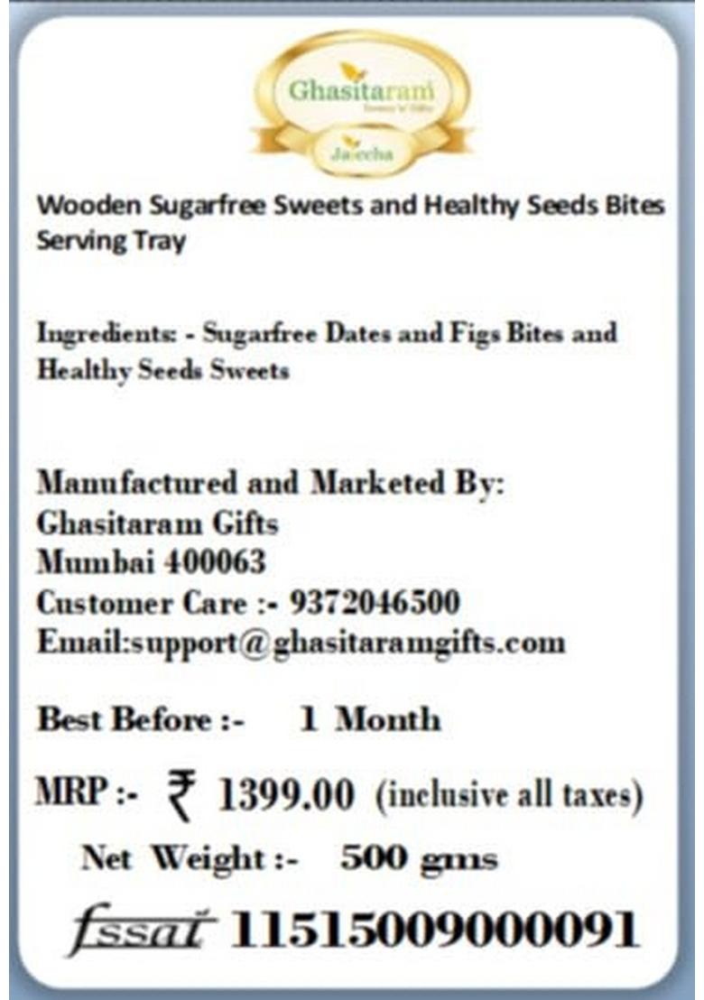 Ghasitaram Gifts Wooden Sugarfree Sweets and Healthy Seeds Bites Serving Tray|Sugar Free Sweets|Diabetic Friendly|Diwali Sugar Box
