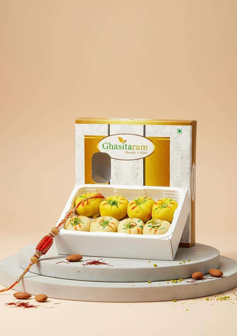 Ghasitaram Gifts Sugarfree Sweets - Mawa Peda Box, 200g with Rakhi - Indya