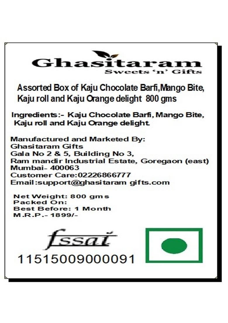 Ghasitaram Gifts Assorted Box of Kaju Chocolate Barfi,Mango Bite,Kaju roll and Orange Delight 800 GMS|Sweets|Sweets Gift Pack|Diwali Sweets|Indian Mithai|Diwali Sweets Box|Sweets
