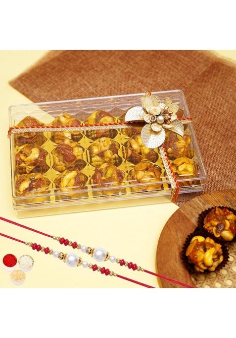 Ghasitaram Gifts Rakhi Gifts/Rakhi Sweets - Dryfruit Laddoos in Acrylic Box with 2 rakhis