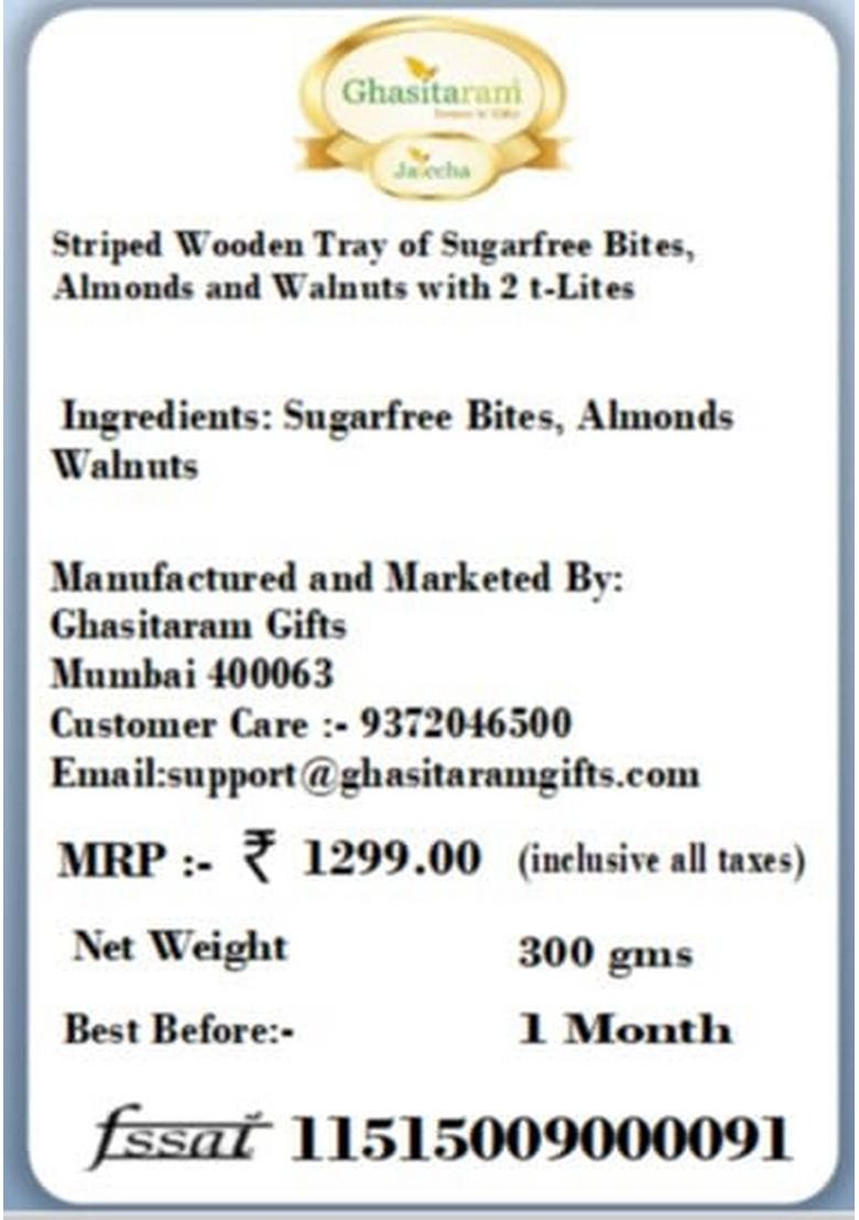 Ghasitaram Gifts Striped Wooden Tray of Sugarfree Bites, Almonds and Walnuts with 2 t-Lites|Sugar Free Sweets|Diabetic Friendly|Diwali Sugar Sweets Box