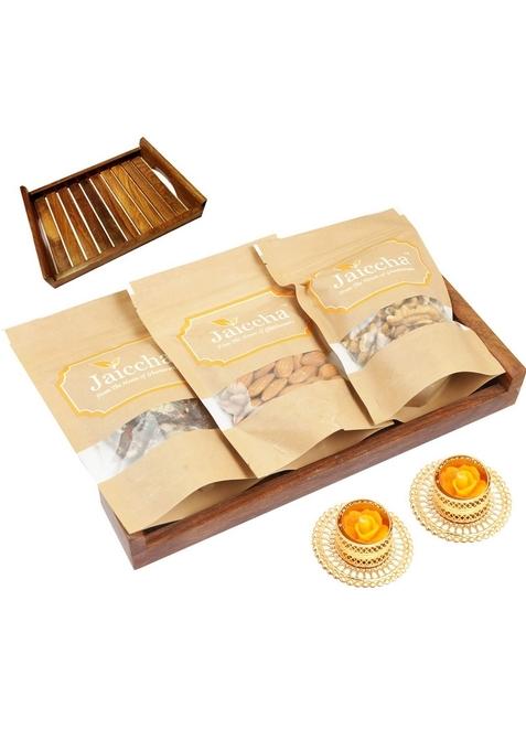 Ghasitaram Gifts Striped Wooden Tray of Sugarfree Bites, Almonds and Walnuts with 2 t-Lites|Sugar Free Sweets|Diabetic Friendly|Diwali Sugar Sweets Box