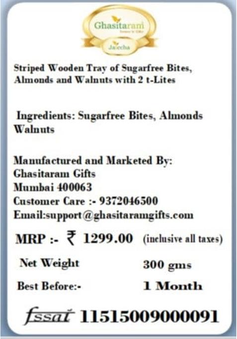 Ghasitaram Gifts Striped Wooden Tray of Sugarfree Bites, Almonds and Walnuts with 2 t-Lites|Sugar Free Sweets|Diabetic Friendly|Diwali Sugar Sweets Box
