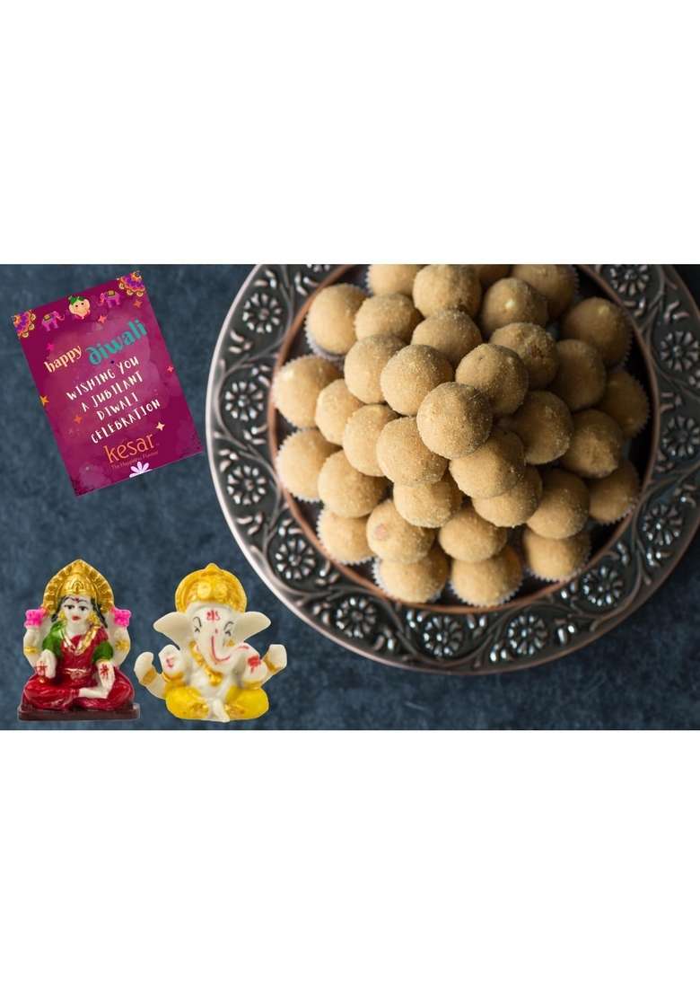 Dessert Drama Diwali Special Healthy and Delicious Desi Ghee Besan Laddoo (400 Gram) Sweet Box with Ganesh ji Laxmi murti - Indya