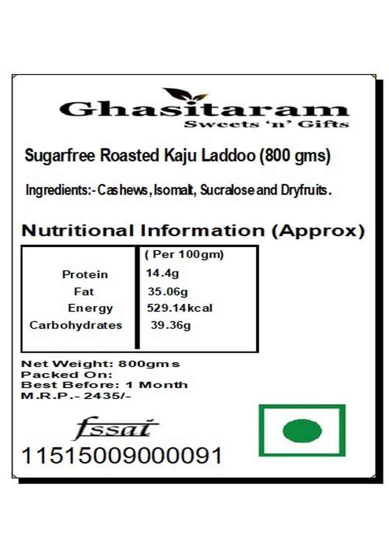 Ghasitaram Gifts Sweets- Sugarfree Roasted Kaju Laddoo (800 GMS)|Sugar Free Sweets|Diabetic Friendly|Diwali Sugar Sweets Box - Indya