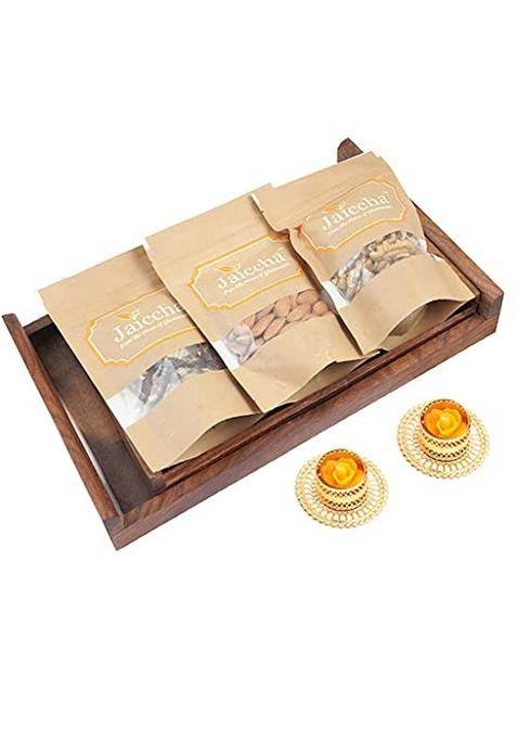 Ghasitaram Gifts Set of 2 Striped Wooden Trays Sugarfree Bites,Almonds,Walnuts with t-Lites|Sugar Free Sweets|Diabetic Friendly|Diwali Sugar Sweets Box