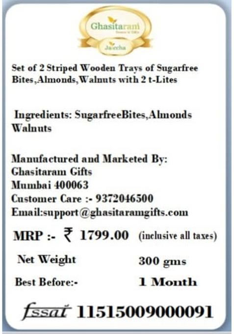Ghasitaram Gifts Set of 2 Striped Wooden Trays Sugarfree Bites,Almonds,Walnuts with t-Lites|Sugar Free Sweets|Diabetic Friendly|Diwali Sugar Sweets Box