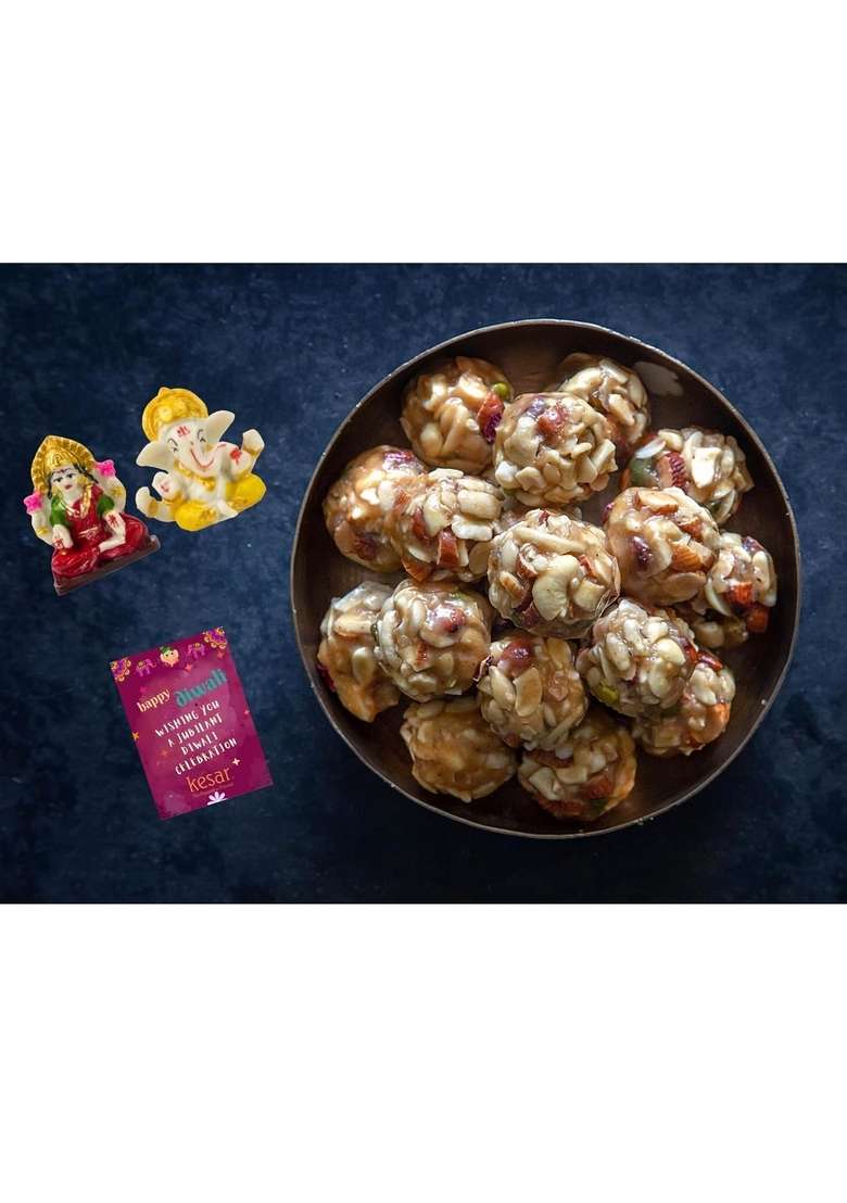 Dessert Drama Diwali Special Healthy and Delicious Desi Ghee Dry Fruits Laddoo (400 gm) Sweet Box with Ganesh ji Laxmi murti - Indya