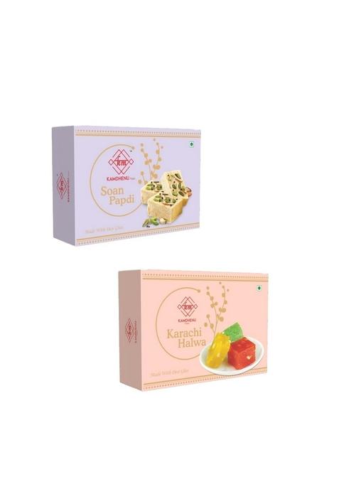 Kamdhenu Mishti Combo of Soan Papdi 400g & Karachi Halwa | Premium Gift Pack Indian Sweets Box Made with Best Ingredients Pure Desi Ghee No Preservatives or Additives