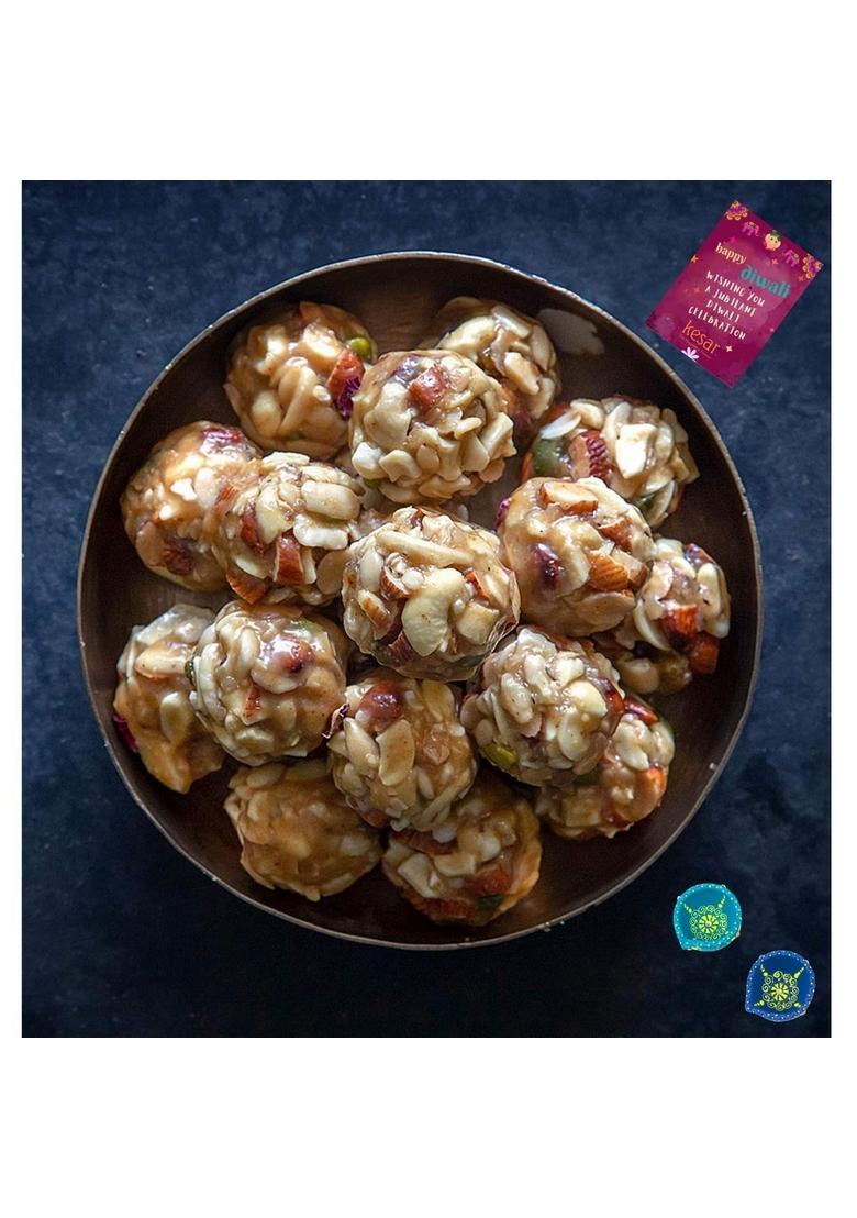 Dessert Drama Diwali Special Healthy and Delicious Desi Ghee Dry Fruits Laddoo (400 Gram) Sweet Box with 2 Diya Traditional Indian Mithai