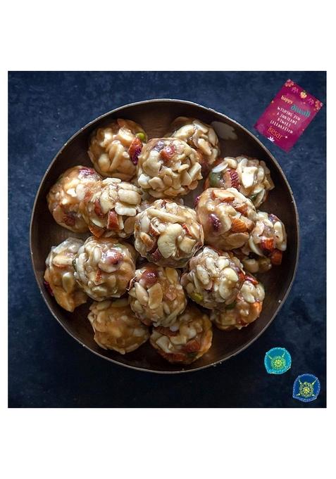 Dessert Drama Diwali Special Healthy and Delicious Desi Ghee Dry Fruits Laddoo (400 Gram) Sweet Box with 2 Diya Traditional Indian Mithai
