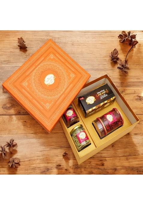Ghasitaram Gifts Orange Hamper Box of Sweets/Bites, Namkeen and Dryfruit- Ohb-2||Gift Hamper| Diwali Gift Hamper|Food Hampers|Gourmet Hampers|