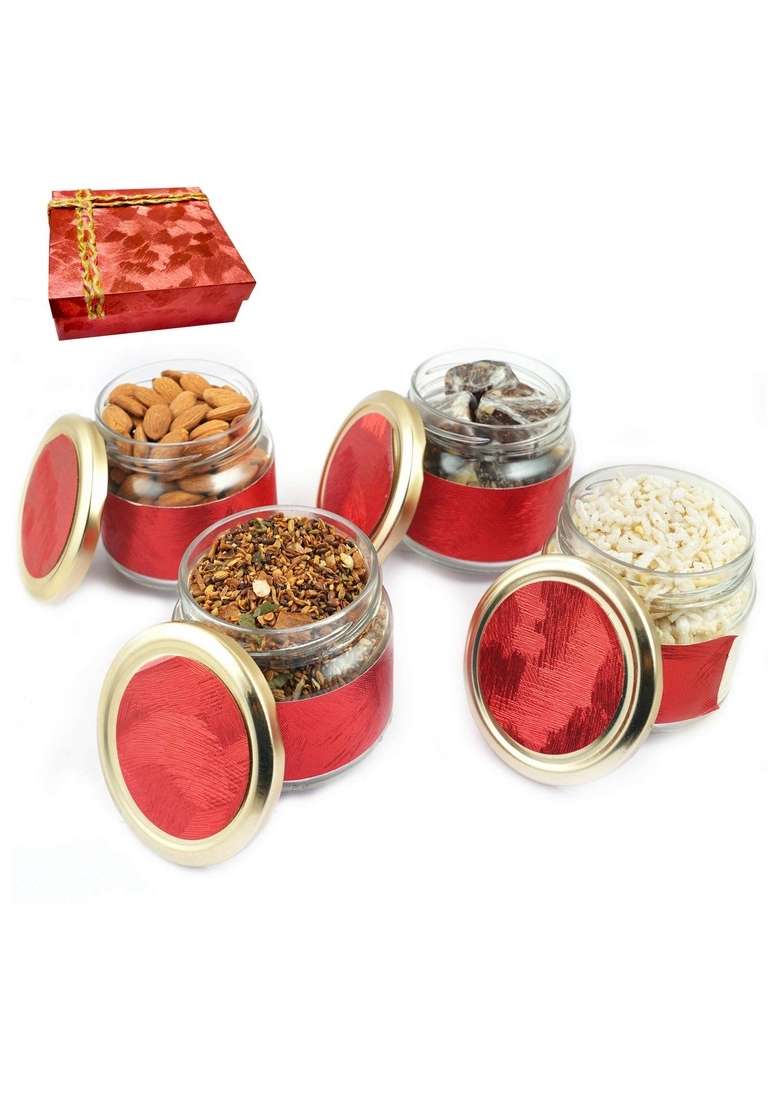 Ghasitaram Gifts Diwali - Red 4 Jars Box of Sugarfree Bites,Diet Chiwda,Almonds and Herbal Mukhwas|Sugar Free Sweets|Diabetic Friendly|Diwali Sugar Sweets - Indya