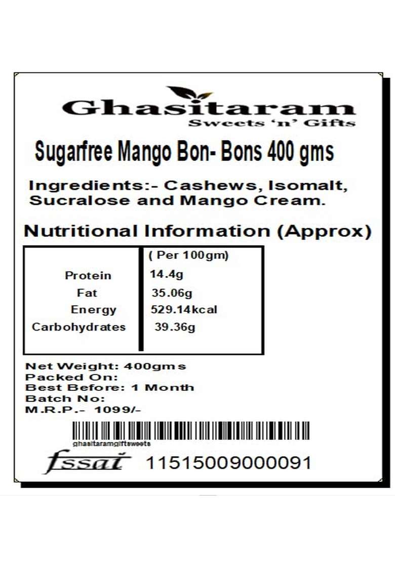 Ghasitaram Gifts Sugar Free Sweets - Mango Bon- Bons 400 GMS|Sugar Sweets|Diabetic Friendly|Diwali Box - Indya
